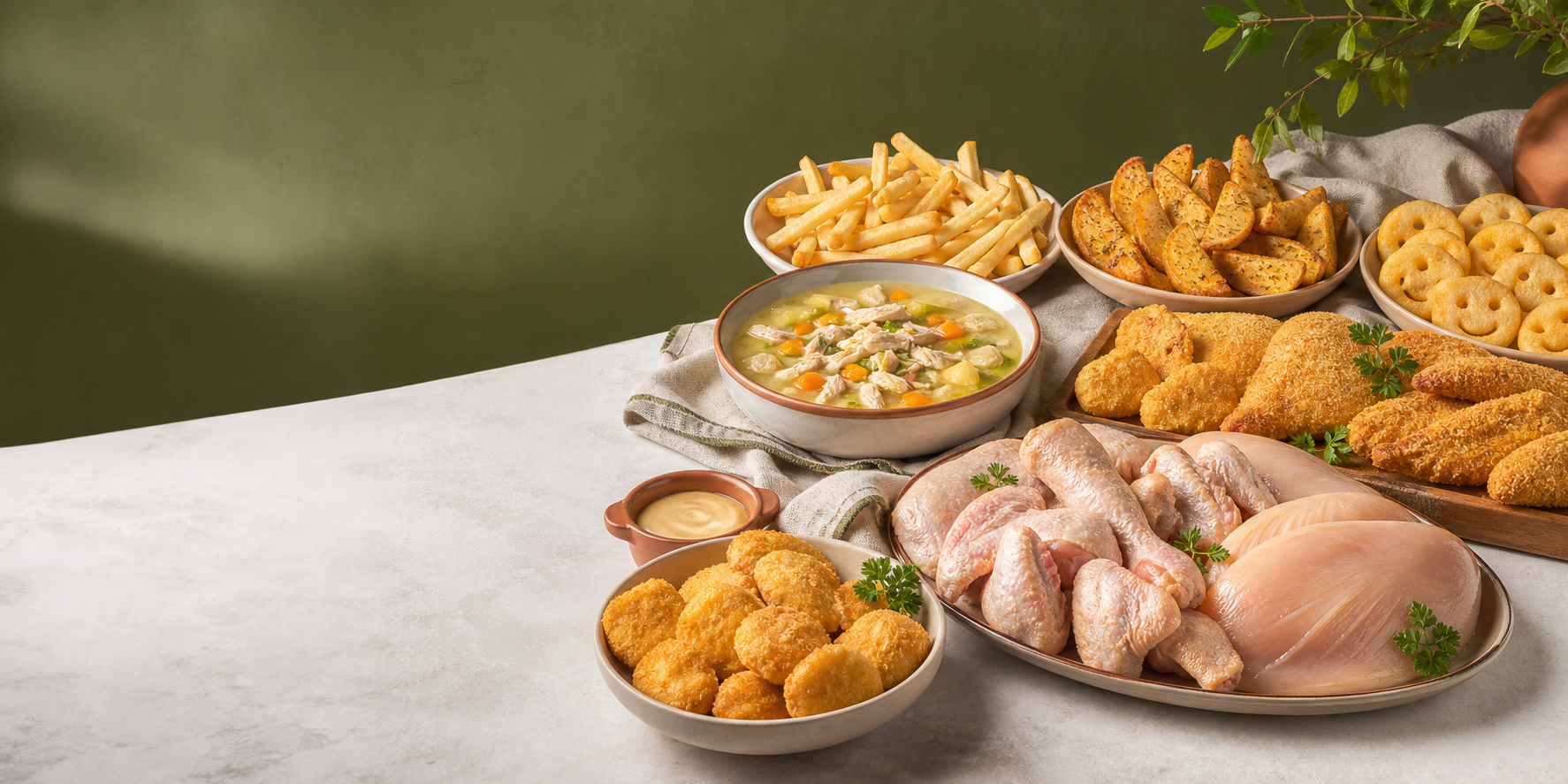 Pollo fresco, nuggets, papas y caldo de pollo